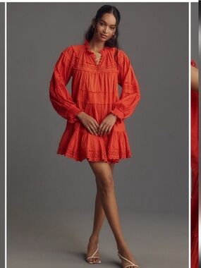 Anthropologie Maeve Long Sleeve Orange Red Mini Dress Plus Eyelet Tiered 1X EUC